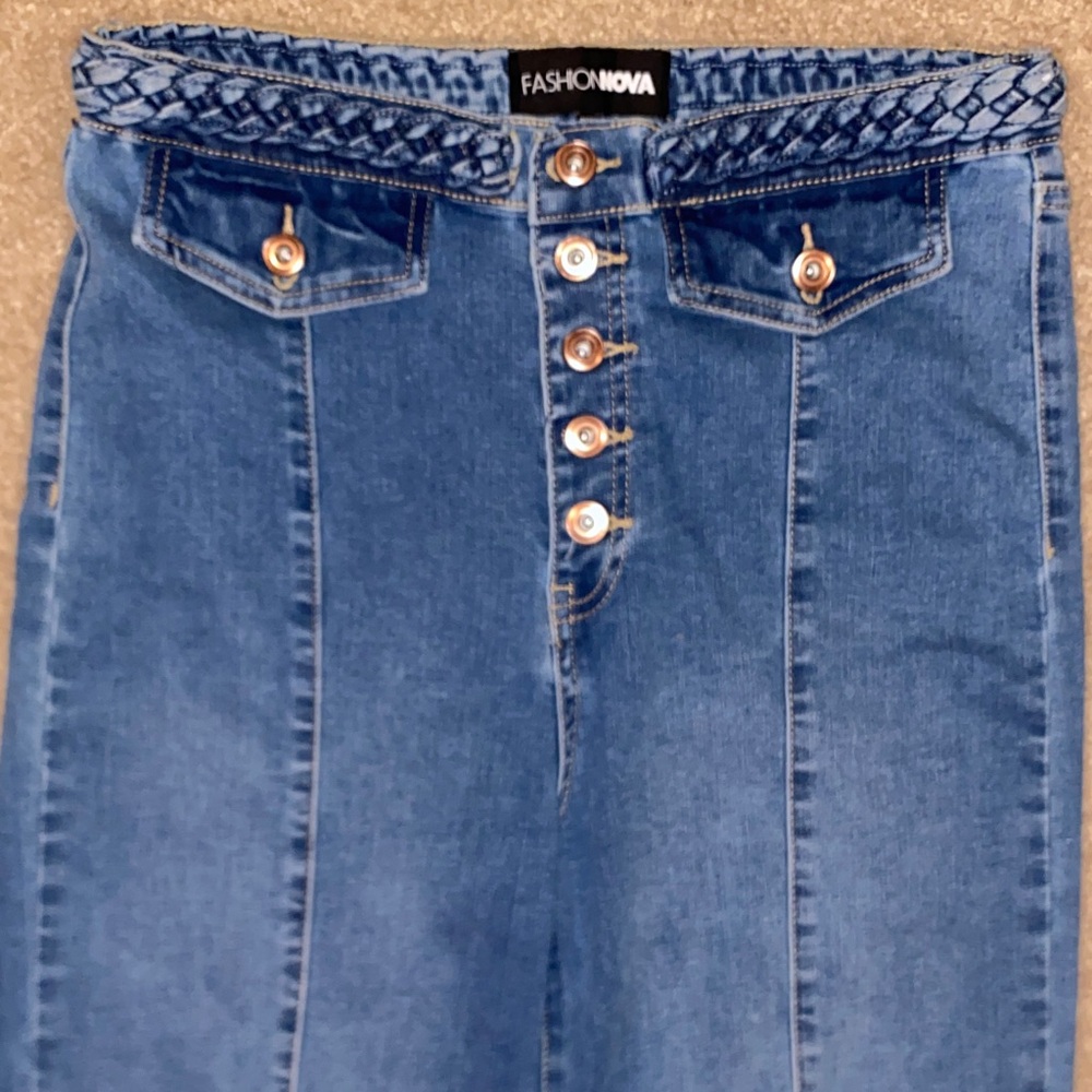 Fashion Nova Braided-Waist High Rise Blue Denim Jeans with Gold Buttons
